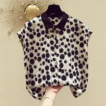 

All-match Women Blouse Summer Retro Temperament Dot Print Blouse Vintage Short Sleeve Lapel Loose Casual Tops Shirt