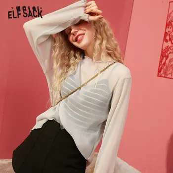 

ELFSACK Gray Solid Minimalist Bright Casual T-Shirt Women Top 2020 Spring Black Pure Frill Long Sleeve Korean Ladies Basic Tee