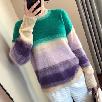 

Women Sweater New Rainbow Gradient Mohair Wool Sweater