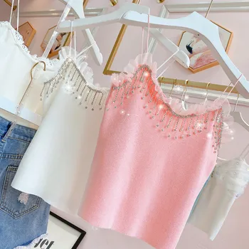 

Super Beauty Tassel Sling Top Woman's Knitted Shirt Sexy Slim Strappy Top Rhinestones Diamond Tassel Camisole Top Female Tops