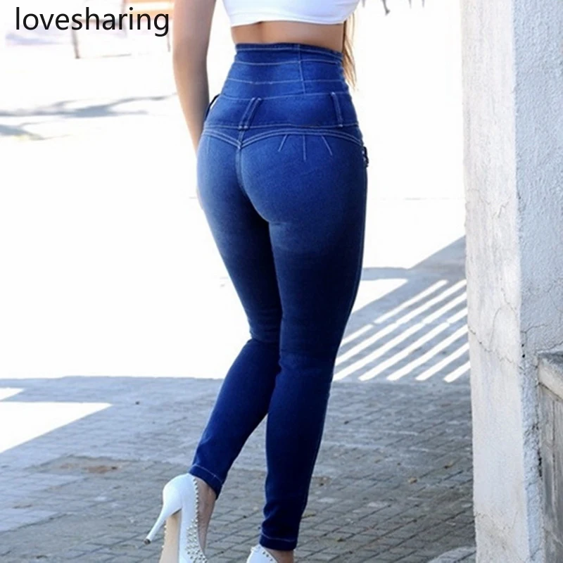 Женские джинсы с высокой талией, на пуговицах, женские брюки, тонкие, эластичные, размера плюс, Стрейчевые джинсы размера плюс, джинсовые, синие, узкие брюки-карандаш