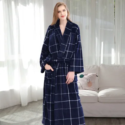 Blue Check-Women Зимнее утолщенное теплое женское мужское Коралловое бархатное кимоно из рунной шерсти, халат для влюбленных, парная ночная рубашка, зимнее банное платье, ночное белье, Большая одежда для сна Мягкий женский халат Пижамы - Цвет: Blue Check-Women