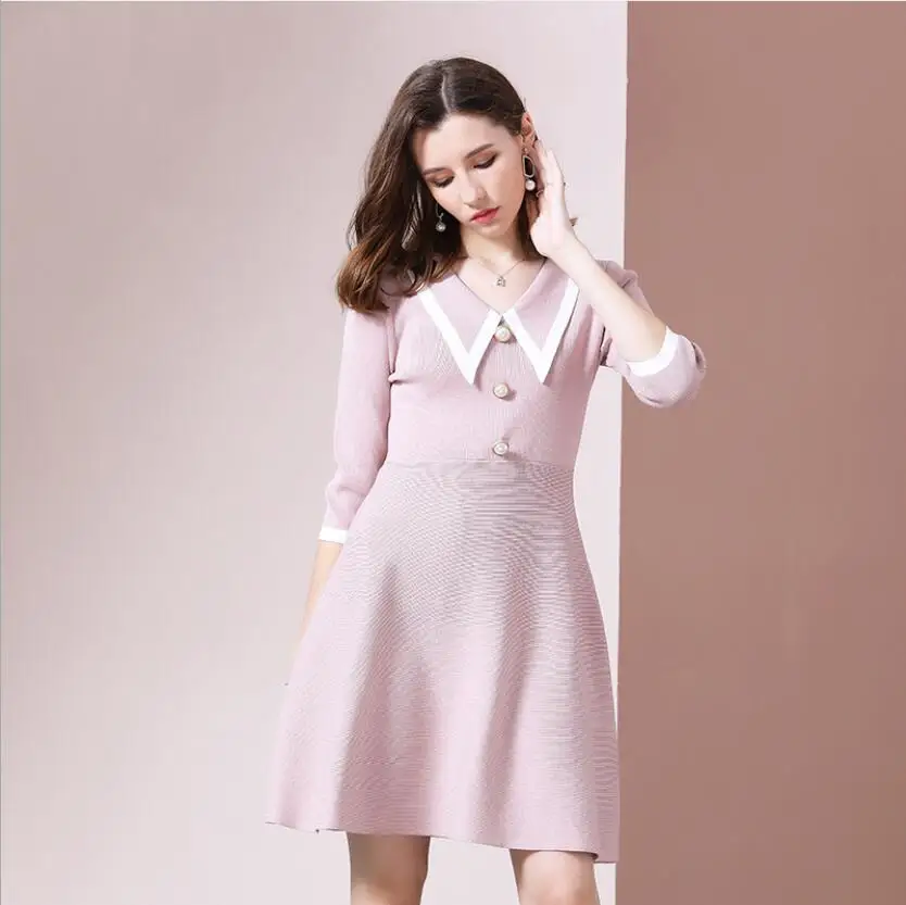 Платье-свитер Женская Осенняя мода ropa mujer Черное женское платье с v-образным вырезом зимние платья с вышивкой Sukienka вязаные платья на пуговицах - Цвет: women dress