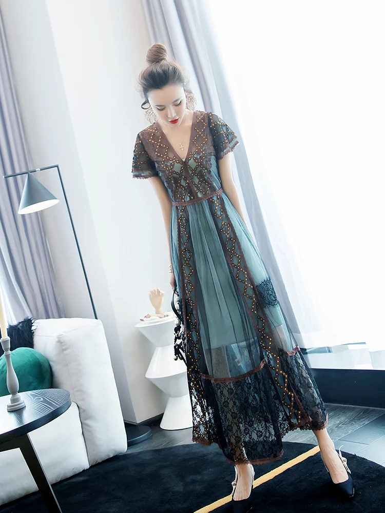 

2020 women's new summer fashion ladies short-sleeved dress Lace Office Lady Sheath Ankle-Length Mesh Polyester