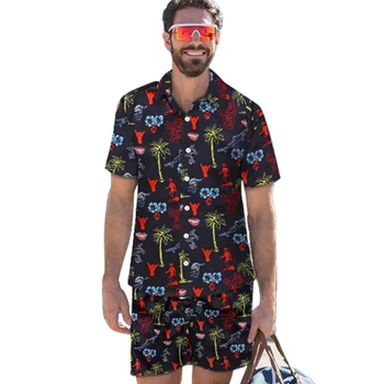 

Men fashion shorts and shirts beach pants suit straight tube double deck casual beach pants coconut tree printing shorts shirt