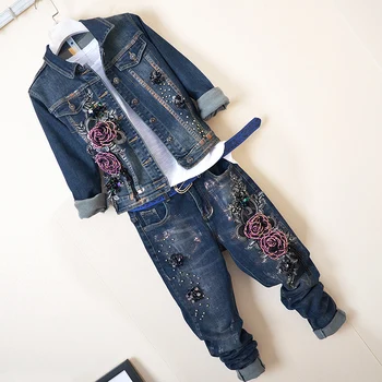 

Twopiece Sets for Woman Jeans + Jacket Set Spring Autumn Vintage Flower Beaded Blue Denim Jacket + Stretch Jeans Pants Sets Lady