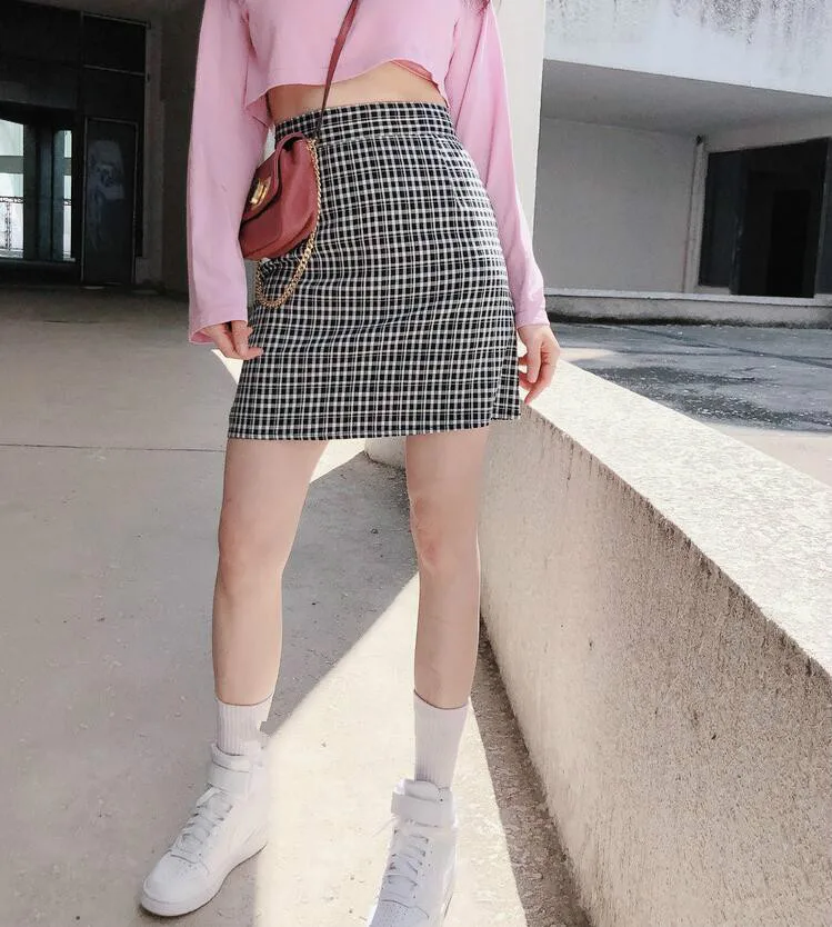 New Retro Preppy Style Summer Skirt Women High Waist Black Plaid Skirts