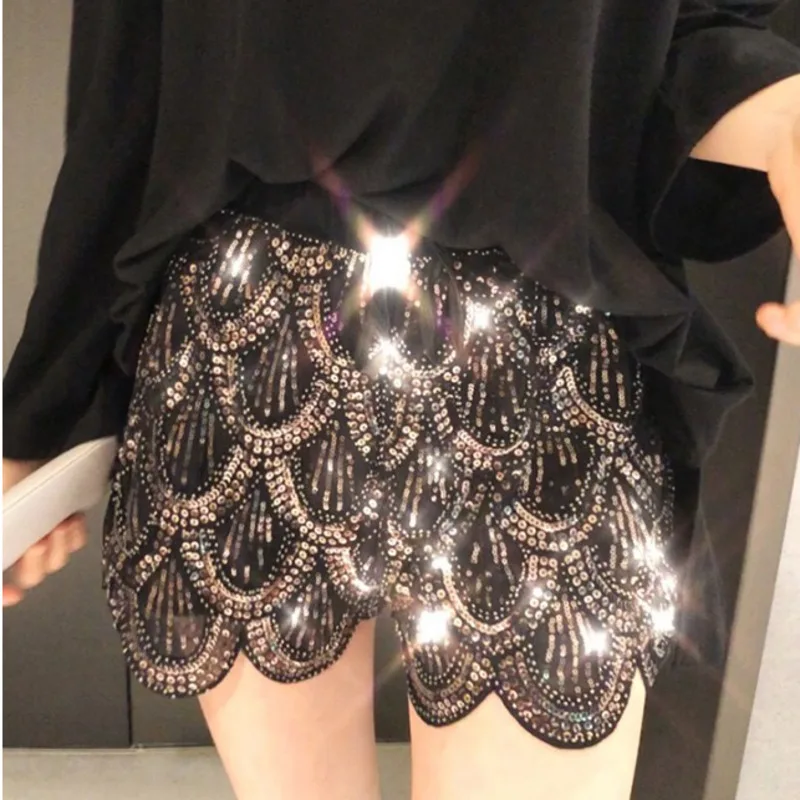 

XUXI Summer Scallop In Shell Wave Leg Sparkle Paillette Petal Draw Rope Degree Of Tightness Waist Leisure Time Skirt FZ0485