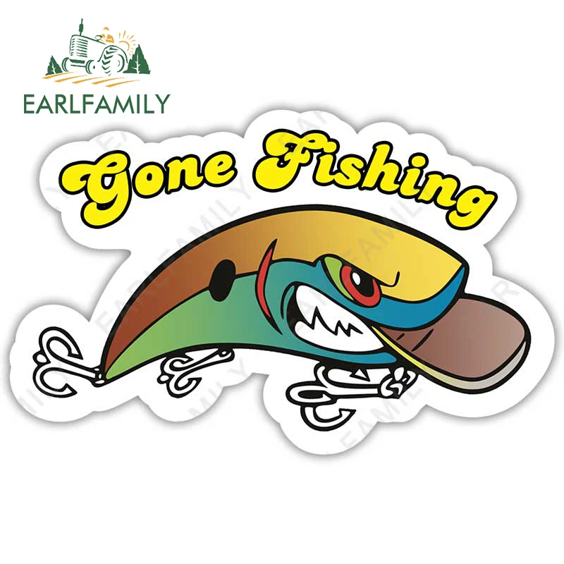 EARLFAMILY 13cm x 8.2cm Gone Fishing Sticker for Toolbox Boat Tackle Box  Car Sticker Funny Fishing Boat 4x4 Lure Decal