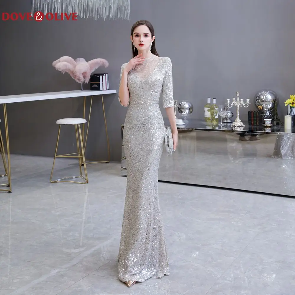 

Silver Mermaid Sequined Evening Dresses 2020 O-Neck Elegant Three Quarter Sleeves Formal Party Long Prom Gowns vestido de festa