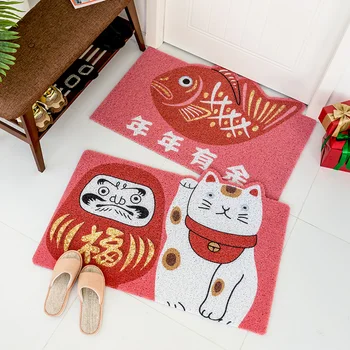 

60x90cm red lucky cat pvc coil mat hallway doormat floor carpet rug dust removal mat bless entrance pad nonslip