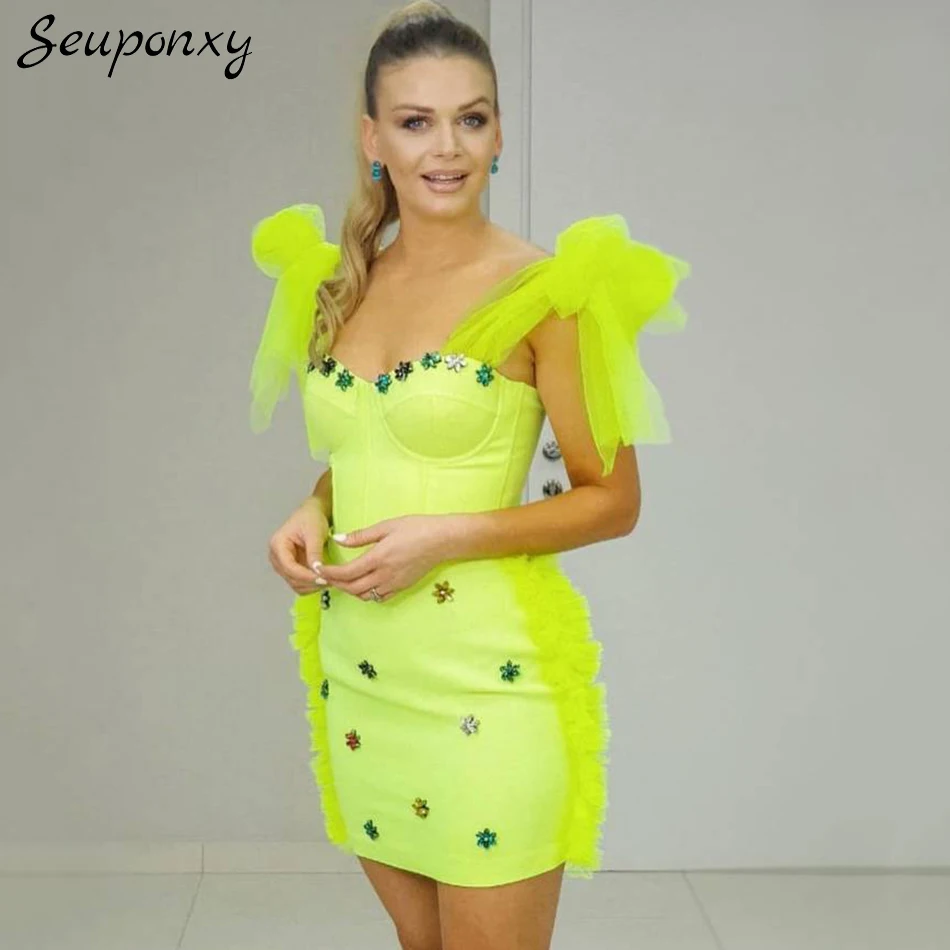 

High Quality 2022 New Sexy Backless Bow Ruffled Bodycon Bandage Dress Elegant Women'S Sleeveless Celebrity Party Dress Vestidos