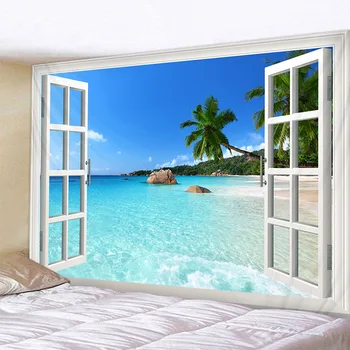 

Tapestry Wall Hanging Seascape Outside The Window Beach Vacation Tapiz Cloth Wall Decor Nature Tree Tapestry Landscape Mountain