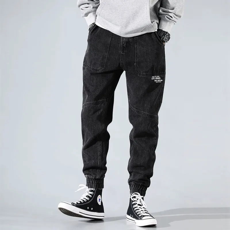 Deals Fashion Streetwear Men Jeans Loose Fit Black Color Spliced Designer Cargo Pants Hombre Harem Trousers Hip Hop Jeans Men Joggers
