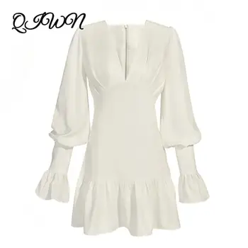 

Brand Design Women Autumn Fashion Elegant White Ruffled Dress 2020 Long-sleeved V-neck Sexy Ruffles Mini Dresses Party Clothes