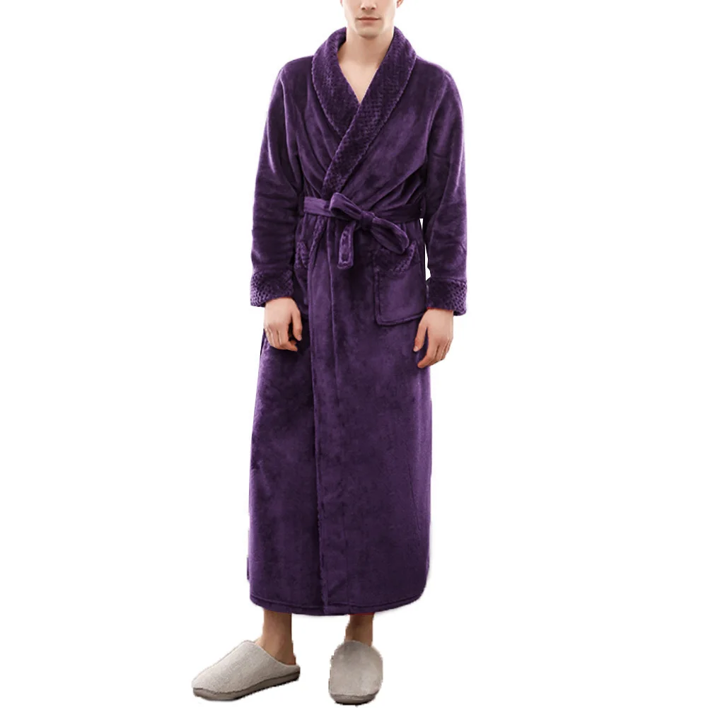 Зимний банный халат для сна, женский и мужской банный халат из кораллового флиса, Одноцветный плотный банный халат длиной до лодыжки, халат, одежда для сна - Цвет: Purple Men