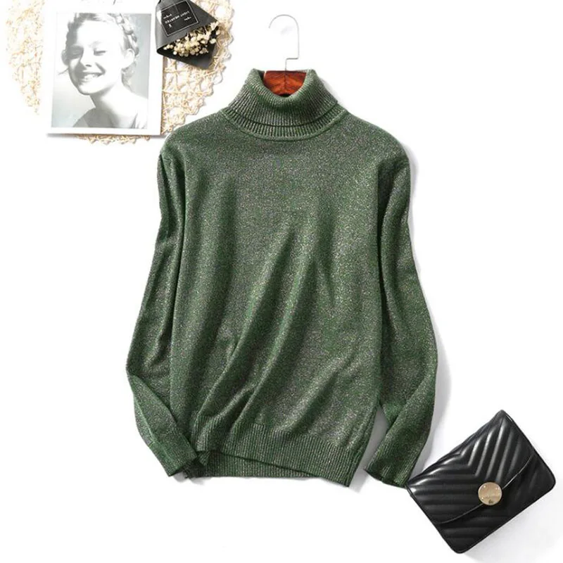 Sweater Women Shiny Lurex Autumn Winter Turtleneck Long Sleeve Knitted Pullover Basic Femme Jumpers Black White
