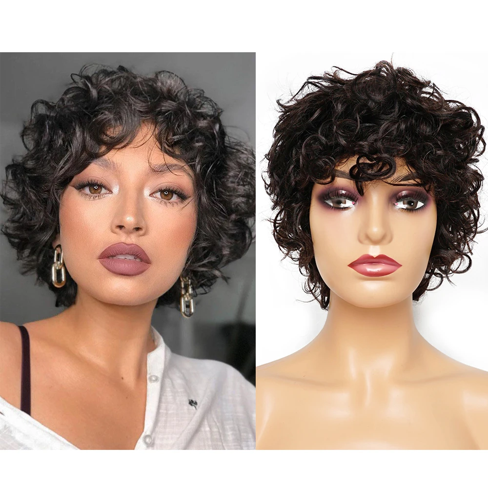 Short Human Hair Wig with Bang Pixie Cut 4 5 inch Machine Made Wigs Ocean  Wave Romance Curl Indian Remy Hair Natural Color Mogul|Full Machine Wigs| -  AliExpress
