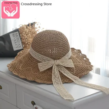 

New Lace Bow Three-dimensional Crochet Straw Hat Foldable Big Along Hat Female Spring and Summer Beach Sun Hat