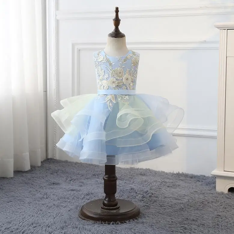 

New Arrival Light Blue Short Tulle Regalos Comunion Flower Girls Dresses For Party and wedding