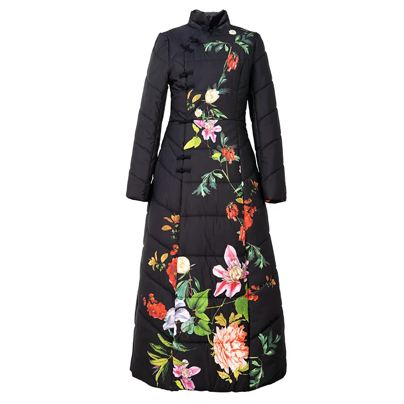 Высококачественная зимняя теплая куртка-парка года, верхняя одежда, пальто, женское элегантное винтажное пальто с цветочным принтом и пуговицами, длинное пальто-парка с длинным рукавом