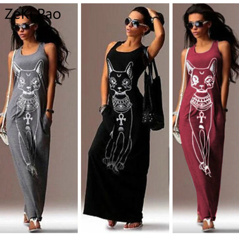 

Plus Size Ladies Casual Strap Cartoon Cat Print Comfortable Straight Dress Summer Comfortable Cotton Round Collar Home Thin XXXL