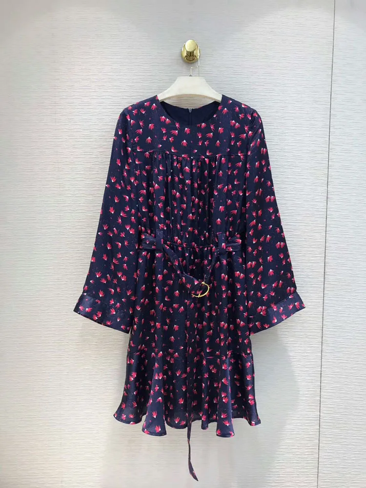 

2019 Autumn New Fashion Elegant Sweet Girly Style Waist Long Sleeve Lace Print Dress Free Shipping Worldwide