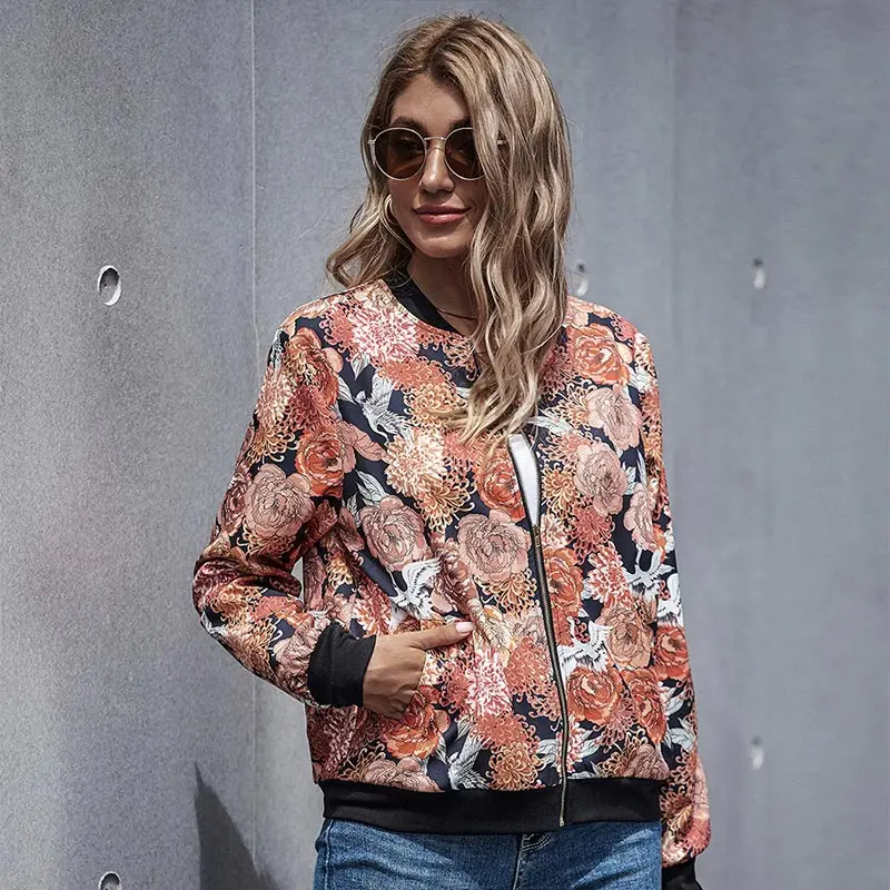 

Women's Autumn Vintage Slim Casual Coats Ladies Floral Print Bomber Basic Jacket Zipper Long Sleeve Short Outwear