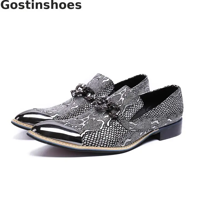 

Fashion Genuine Leather Men Shoes Snakeskin Printed Metal Capped Toe Pointed Set Foot Causal Leisure Business Leather Shoes Men