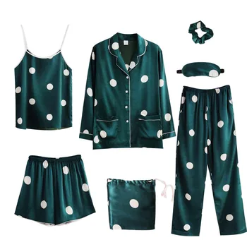 

Women's Faux Silk Soft 7 Pieces Pajamas Sets Sleepwear Printing Spring Summer Sling Shorts Autumn Homewear Pyjamas