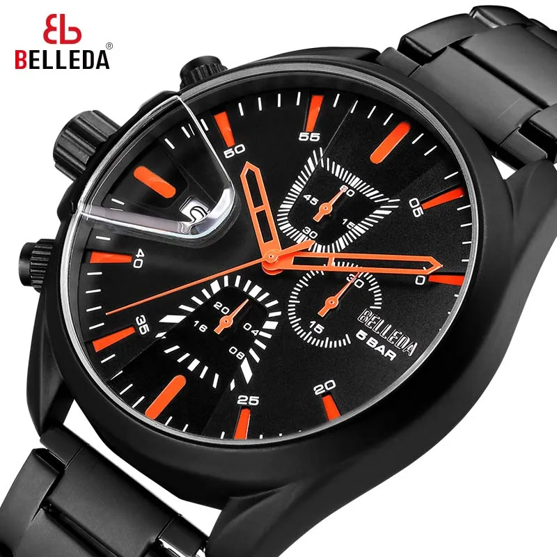 

BELLEDA Luxury Brand Mens Military Sports Male Analog Black Quartz Chronograph Watch Men Watches Casual Leather WristWatches