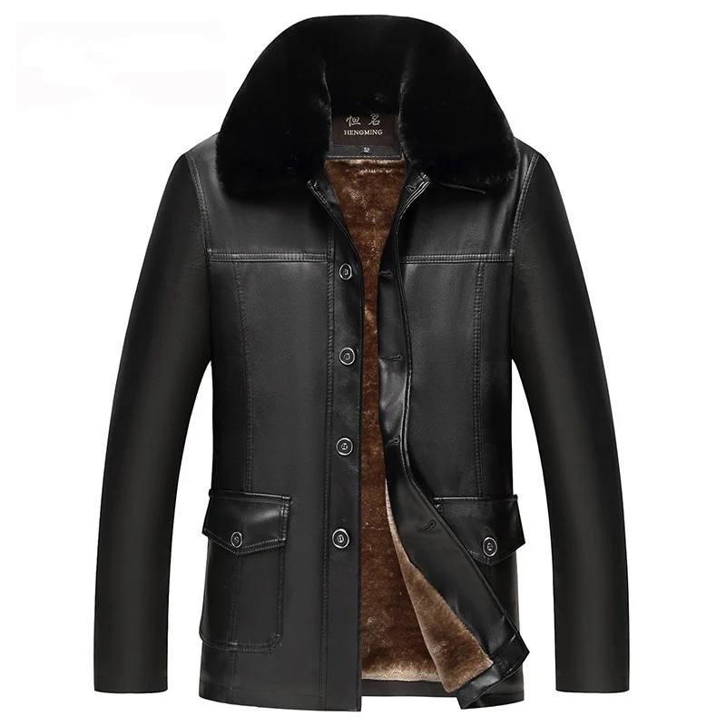 FGKKS, мужские Куртки из искусственной кожи, зимние Брендовые мужские куртки с меховым воротником, бархатная кожаная куртка, мужская повседневная куртка из искусственной кожи, пальто - Цвет: Black