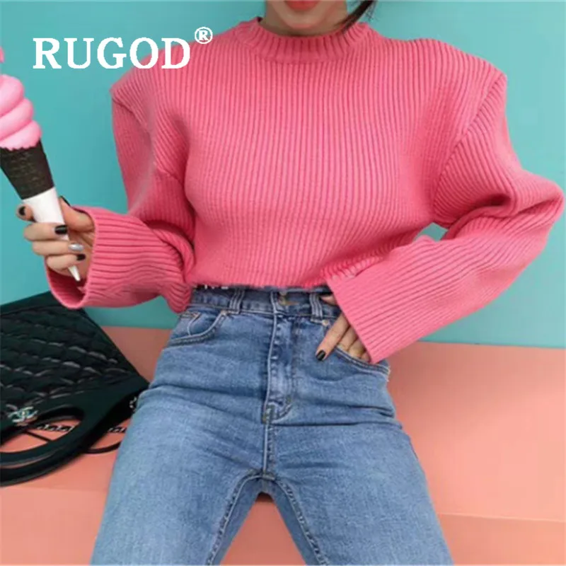 RUGOD зимний однотонный теплый свитер для женщин, круглый вырез, карамельный цвет, длинный рукав, свободный толстый вязаный пуловер, Модный женский пуловер