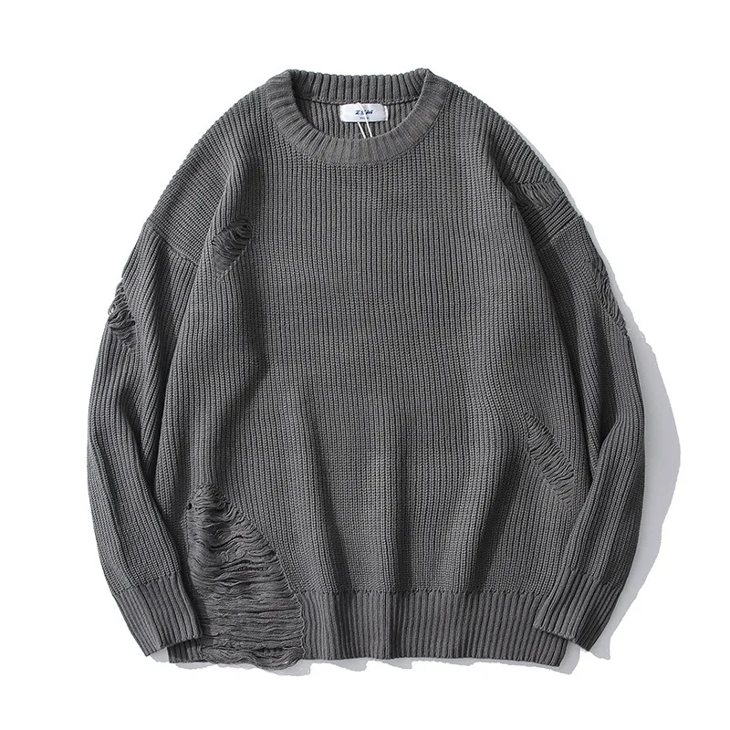 2021 New Arrival Stylish Solid Hole Ripped Vintage Men Jumper Knitted Sweater Hip Hop Loose Women Pullover Lounge Wear Sudaderas | Мужская
