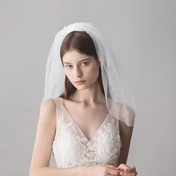 

Multi Layer Womens White Tulle Short Shoulder Length Wedding Veil Jewelry Rhinestone Embellished Bridal Accessories with Comb
