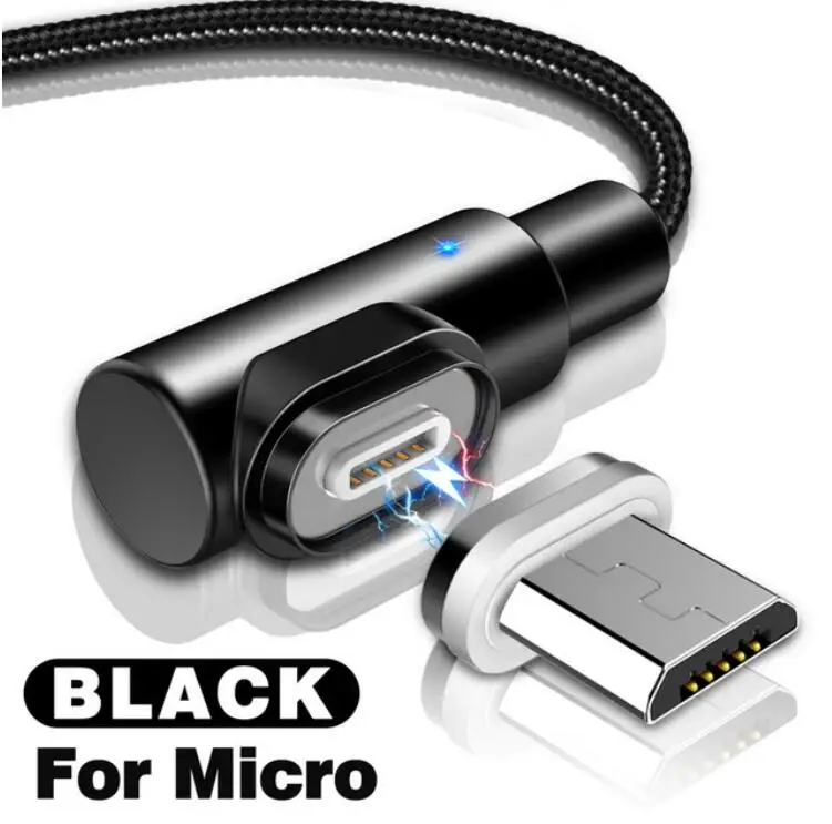90 градусов Магнитный кабель для быстрой зарядки Micro USB для iPhone X XS XR 7 8 samsung просо type C USB кабель светодиодный магнитный кабель для зарядки - Тип штекера: Black