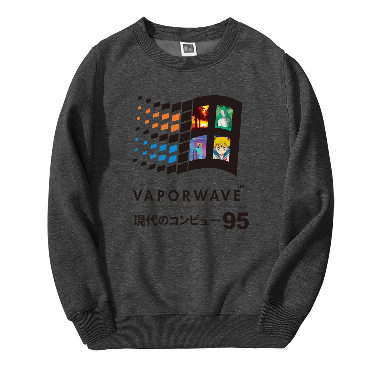 Весна Зима Vaporwave винтажный Ретро японский аниме эстетический мужской свитер толстовки хип хоп Уличная Повседневная спортивная одежда - Цвет: Dark Gray 6