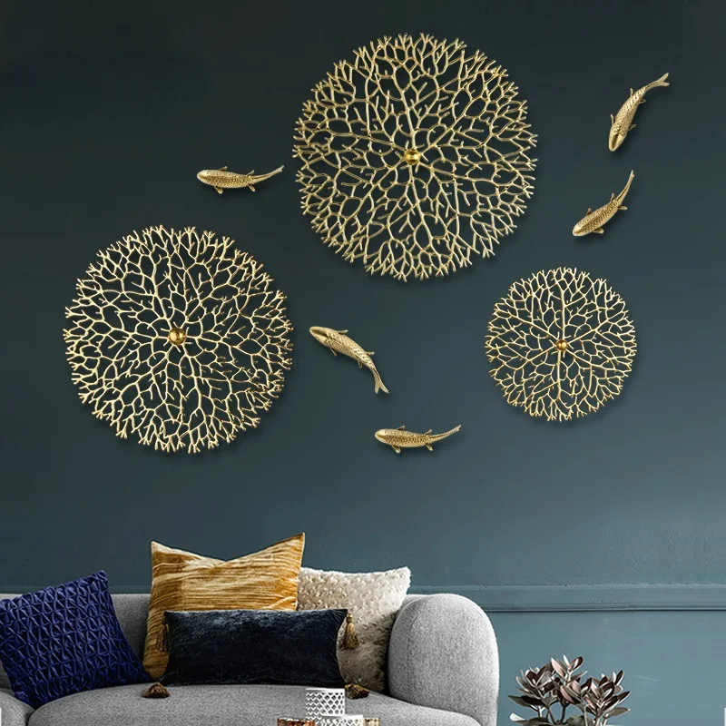 Brass Golden Fish Coral Lotus Leaf Wall Hanging 3D Metal Pendant Room Decor Copper Carp Wall Hanging Luxury Bedroom Decoration 4