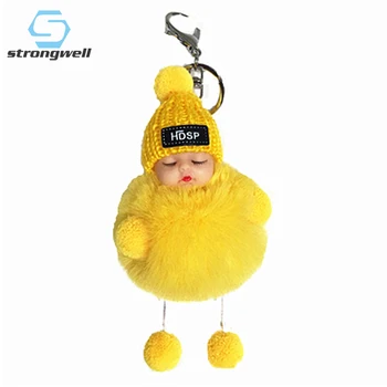 

Strongwell Furry Sleeping Doll Keychain Faux Rex Rabbit Fur Pendants Trinkets Home Decoration Cute Round Diy Crafts Gift