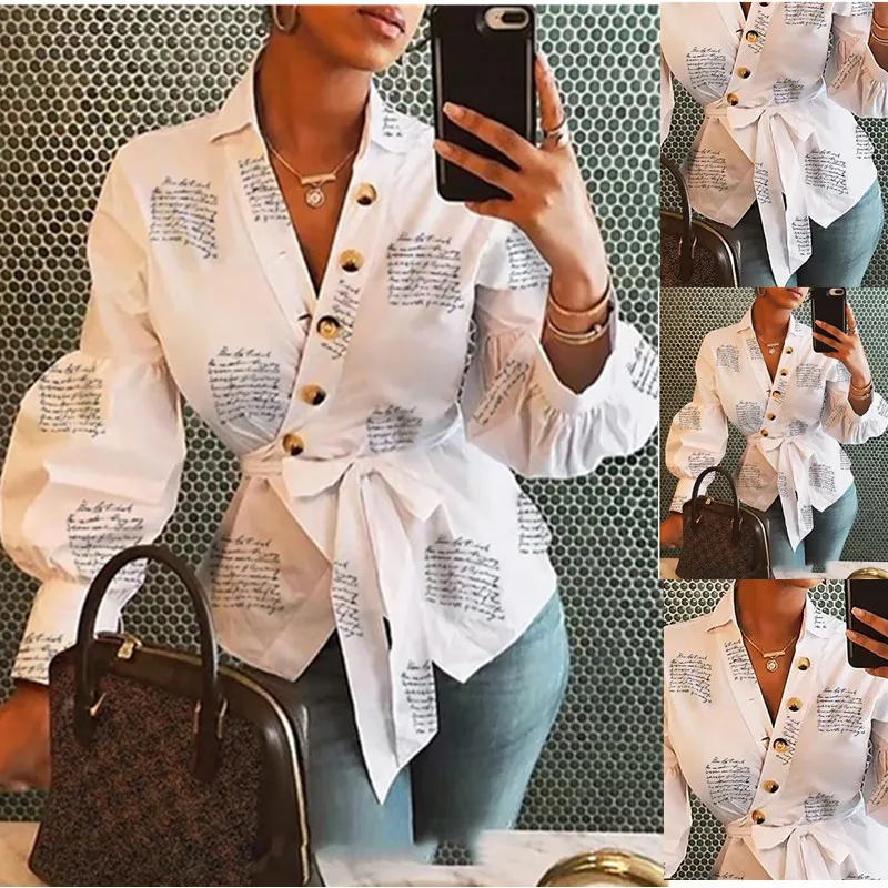 Women Casual Blouse Printed Button V Neck Shirt Long Sleeve Loose Bandage Tops white long sleeve top