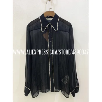 

Fashion Silk Ladies Shirt Shirt 2020 Long Sleeve Solid Color Lapel Beaded Ladies Elegant Beaded high quality Top Sling silk