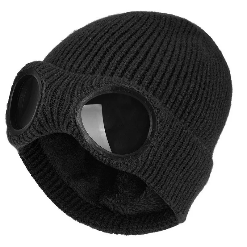 Men Women Winter Acrylic Knitted Warm Goggles Hats Skullies Beanies Plus Plush Thicker Warmer Bonnet Ladies Casual Cap R82 skullies men