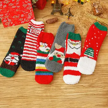 

1pair Christmas Socks Women Fleece Warm Funny Sock Christmas Gift Snow Elk Print Cotton Happy Woman Socks New Year Santa Claus