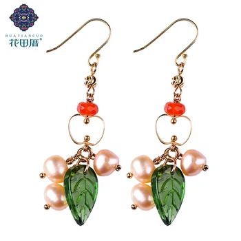 

Green Glass Leaves Pink Freshwater Pearl Ethnic Earring Red A gate Bead Gold Plated Ear Hook Woman Jewelry EZ-18031