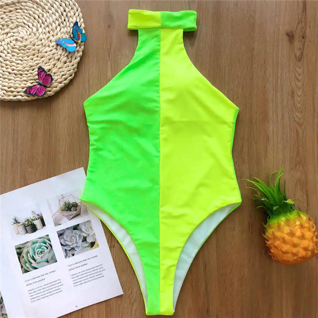 Слитный женский купальник с высоким горлом, Цельный купальник, женский купальный костюм, купальный костюм, Дамский Монокини V1771 - Цвет: Green Yellow