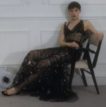 

New fairy retro two piece suspender net yarn embroidery flower Sequin dress long dress Fairy