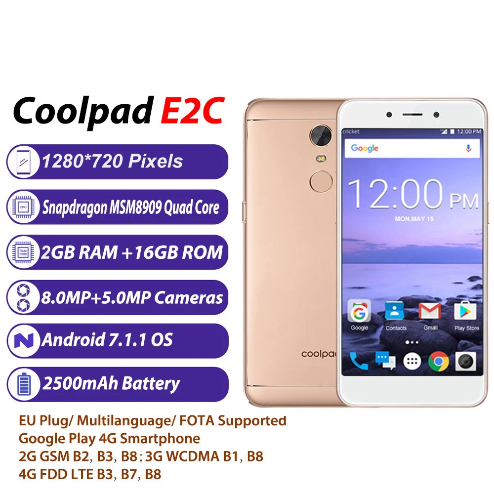 Coolpad E2, глобальная версия, мобильный телефон с отпечатком пальца, 5,0 дюймов, четырехъядерный процессор Snapdragon 210, 2 ГБ, 16 ГБ, 2500 мАч, аккумулятор, 4G, смартфон