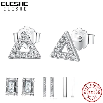 

ELESHE Authentic 925 Sterling Silver Geometric Earrings Crystal CZ Square Triangle Bar Stud Earrings for Women Fashion Jewelry