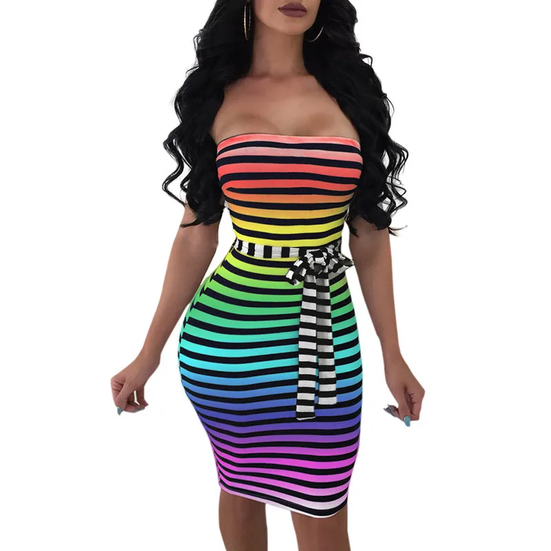 

Rainbow Striped Sexy Strapless Night Club Party Dresses Women Sleeveless Bandage Midi Dress Sheath Elegant Bodycon Dress Belt