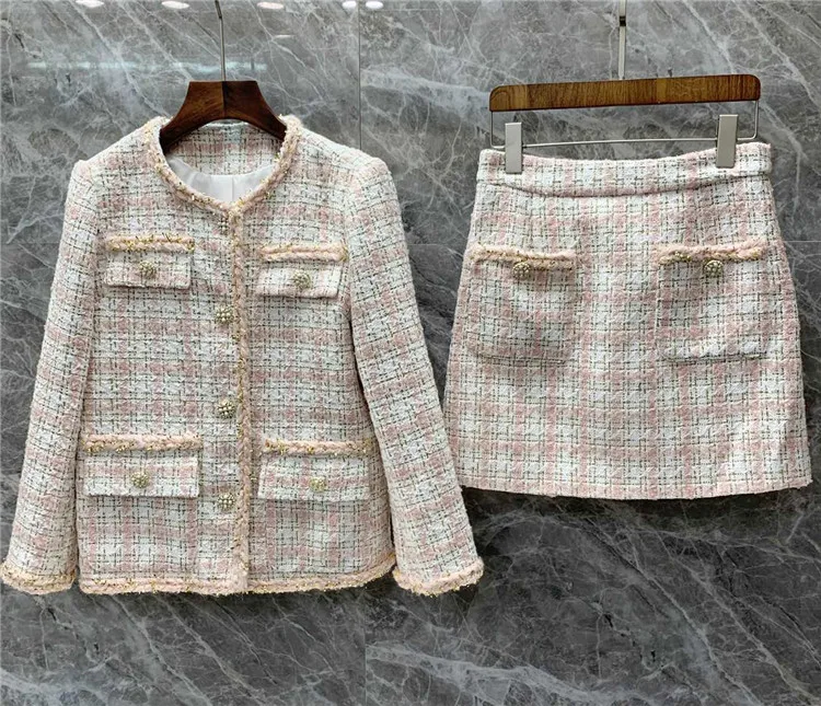 

New Small budget tweed short coat A line skirt two piece women s clothing lady suit 10I
